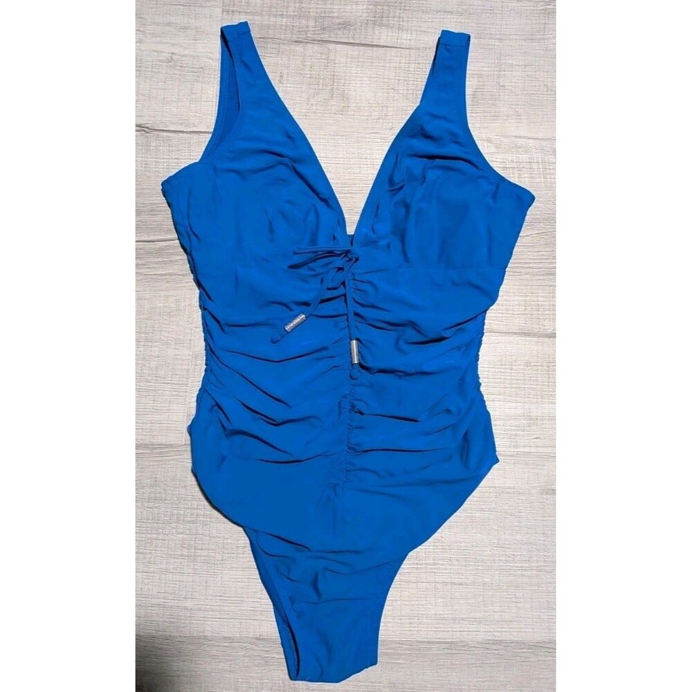 Shan Women's Swimsuit Size 14 One Piece Blue Ruching V-Neck
